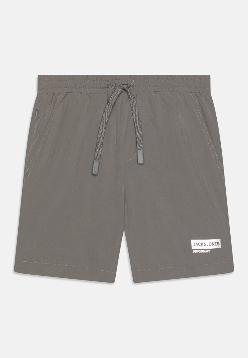 Shorts de bain gris en tissu léger. Dispose d'une taille élastique avec cordon de serrage, de poches latérales, et d'une étiquette logo sur la jambe gauche.