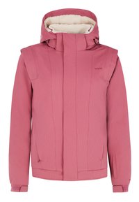 Rosa isolierte Jacke mit fleecegefütterter Kapuze, strukturiertem Stoff, Reißverschlusstaschen und gerippten Bündchen für zusätzliche Wärme und Komfort.