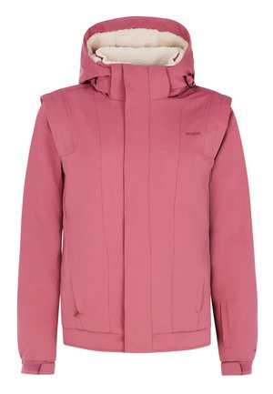 Pink insulated jacket featuring a fleece-lined hood, textured fabric, zippered pockets, and ribbed cuffs for added warmth and comfort.