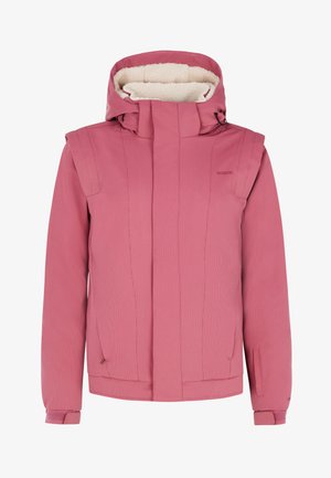Veste isolée rose avec une capuche doublée en polaire, un tissu texturé, des poches zippées et des poignets côtelés pour plus de chaleur et de confort.