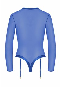 Bodysuit bleu à manches longues avec un matériau transparent, un design ajusté, un col rond et des bretelles réglables en bas.