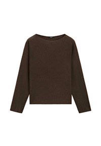 Pull à manches longues col rond marron foncé avec un design simple en maille unie et un ourlet droit.