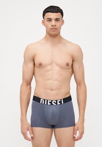 Boxer brevissimi grigi con una vita nera su cui è scritto "DIESEL" in lettere bianche. Realizzati in tessuto morbido, con un design aderente e lunghezza fino a metà coscia.