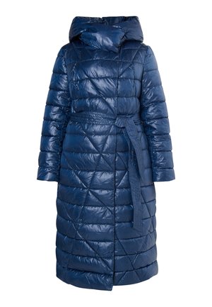 Marineblauer gepolsterter Mantel mit glänzender Oberfläche, ausgestattet mit einer Kapuze, einem Gürtel in der Taille und einem Rauten-Steppmuster. Lange Ärmel und knielanger Schnitt.