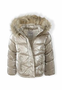 Metallisk guld pufferjakke med pelslignende hætte, lynlås lukning og sidelommer. Tekstureret, quiltet design med en glat finish.