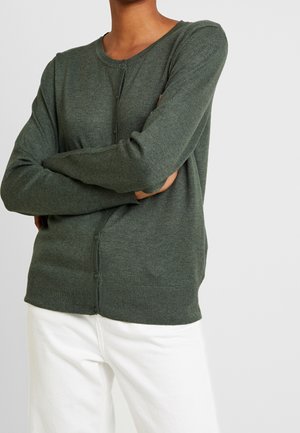 Osoba v tmavě zeleném zapínaném svetru na knoflíky a bílých kalhotách, se zkříženýma rukama, na jednoduchém světlém pozadí.