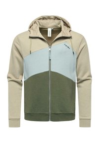 Sweatshirt zippé à capuche en mélange de coton, présentant des panneaux beige et bleu clair avec une section inférieure verte foncée et des accents à cordon.