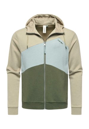 Sweatshirt zippé à capuche en mélange de coton, présentant des panneaux beige et bleu clair avec une section inférieure verte foncée et des accents à cordon.