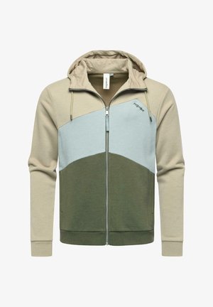 Capuchon sweatshirt met rits, gemaakt van een katoenmix, met beige en lichtblauwe panelen en een donkergroene ondersectie met trekkoordaccenten.