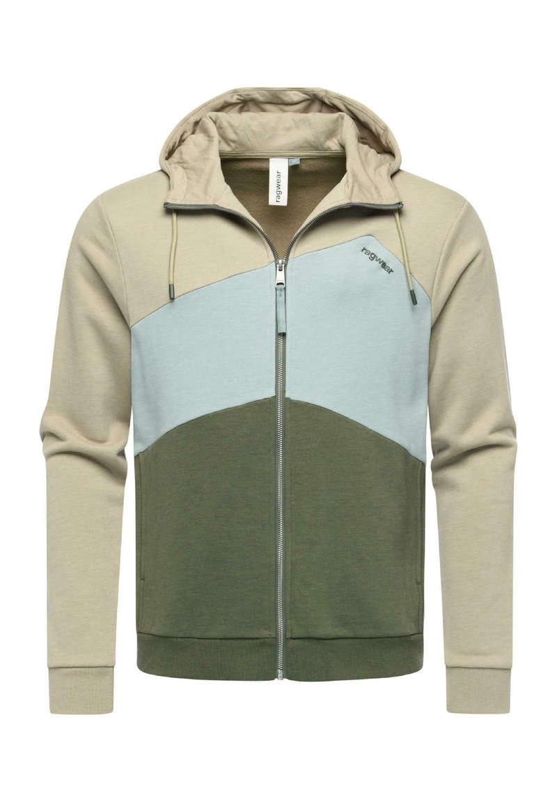 Sweatshirt zippé à capuche en mélange de coton, présentant des panneaux beige et bleu clair avec une section inférieure verte foncée et des accents à cordon.