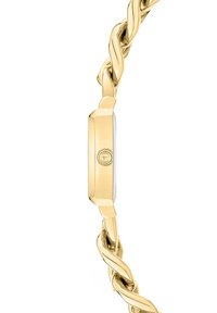 Goldfarbene Uhr mit geflochtenem Armband, rechteckigem Gehäuse und glatter Oberfläche. Verfügt über ein silberfarbenes Ziffernblatt mit einem zentralen Knopf.