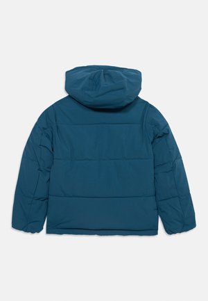 Veste matelassée bleu sarcelle avec capuche, coutures visibles, manches longues et ourlet droit, présentée de dos sur fond blanc.