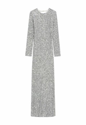 Srebrna sukienka z cekinami, z długim rękawem, okrągłym dekoltem, dopasowanym krojem i długością sięgającą podłogi. Błyszcząca tekstura na całej powierzchni.