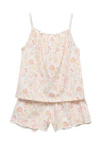 Kvetinová bavlnená dvojdielna súprava, ktorá obsahuje top bez rukávov a zodpovedajúce šortky v pastelových farbách, so nariaseným výstrihom a tenkými ramienkami.