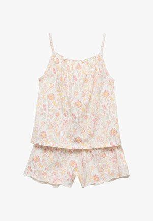 Set in cotone floreale a due pezzi, composto da una maglietta senza maniche e pantaloni corti abbinati in colori pastello, con scollatura a balze e spalline sottili.