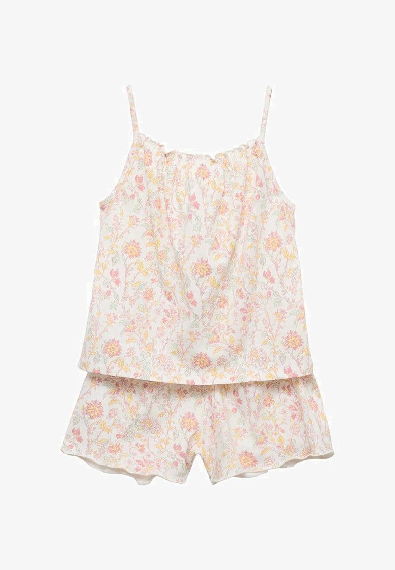 Kvetinová bavlnená dvojdielna súprava, ktorá obsahuje top bez rukávov a zodpovedajúce šortky v pastelových farbách, so nariaseným výstrihom a tenkými ramienkami.