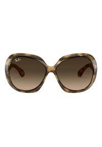 Occhiali da sole tartarugati con forma oversize e angolare. Lenti marroni sfumate. Presentano il logo metallico Ray-Ban nell'angolo in alto a sinistra della lente.