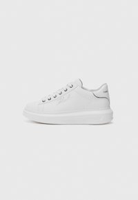 White leather sneaker with round toe, flat laces, subtle branding on the side, and a thick rubber sole. Smooth texture, minimalist design.