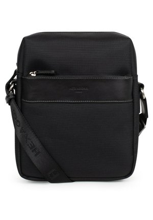 Borsa a tracolla nera realizzata in nylon texturizzato con un accent in pelle liscia. Presenta una tasca frontale con zip e una tracolla regolabile.