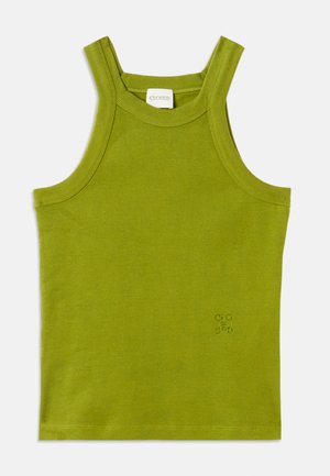 Green ribbed tank top with wide straps, featuring a small embossed logo, made from a soft fabric with a textured finish.
