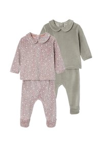 Two sets of children's clothing: a floral pink long-sleeve top with a collar and matching pants, and a solid olive green long-sleeve top and pants.