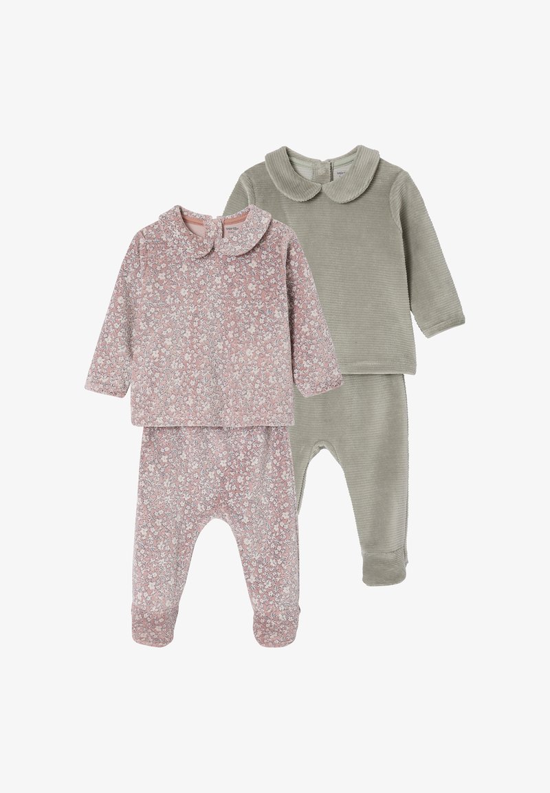 Two sets of children's clothing: a floral pink long-sleeve top with a collar and matching pants, and a solid olive green long-sleeve top and pants.