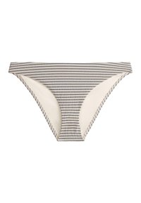 Bas de bikini beige avec fines rayures horizontales noires et blanches, taille basse et doublure intérieure complète.