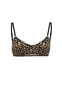 Bralette preto com estampa floral creme, alças finas ajustáveis, material suave e um decote suavemente curvado. Apresenta uma renda ao longo da bainha.