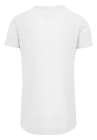 White short-sleeve T-shirt made of cotton. Rounded neckline, straight cut, seamless back with a smooth texture and no visible patterns or accents.