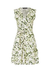 Blumen-Wickelkleid mit V-Ausschnitt und ärmellosem Design. Mit grünen Blättern und lila Blumen auf hellem Hintergrund, ergänzt durch einen Bindegürtel.