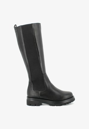 Stivale nero alto fino al ginocchio con parte anteriore in pelle e lati elasticizzati in tessuto. Suola spessa e testurizzata per una buona presa. Design semplice con accenti minimi.