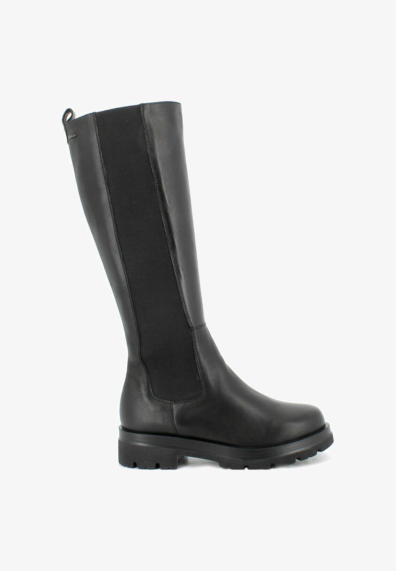 Stivale nero alto fino al ginocchio con parte anteriore in pelle e lati elasticizzati in tessuto. Suola spessa e testurizzata per una buona presa. Design semplice con accenti minimi.