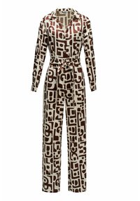 Tuta a maniche lunghe color crema con motivi geometrici marroni. Presenta un colletto, chiusura frontale con bottoni e cintura in tessuto in vita.