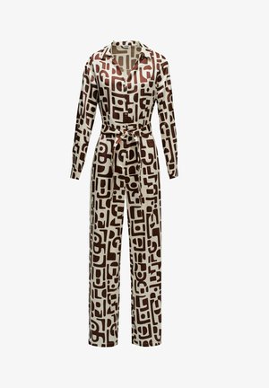 Mono de manga larga en color crema con patrones geométricos marrones. Cuenta con un cuello, botones en la parte delantera y cinturón de tela en la cintura.