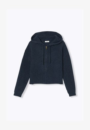 Sweat à capuche zippé en maille bleu foncé avec manches longues et capuche à cordon, présenté sur un fond blanc uni.