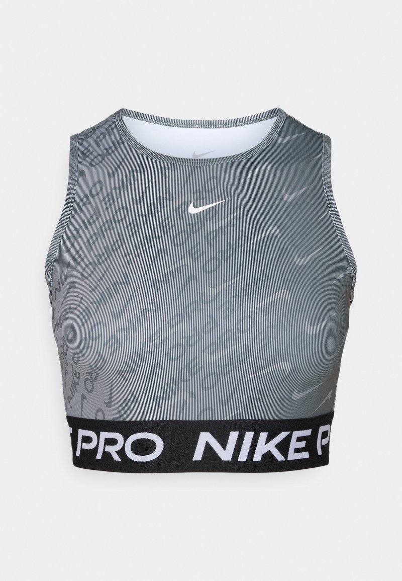 Nike Pro verkürzter Sport-BH in Grau mit schwarzem Gummibund. Besitzt vertikale Streifen und ein dezentes Logo-Muster. Glatte Textur, ärmelloses Design.