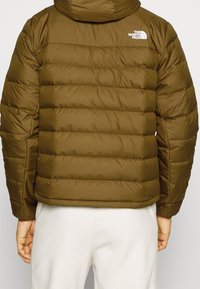 Dark green puffer jacket with horizontal quilted pattern, hood, and white logo on the upper left. Smooth, shiny texture. Full sleeves.