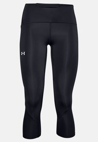 Svarta knälånga leggings i elastiskt material, med hög midja och en liten vit logotyp på vänster sida. Slät textur.