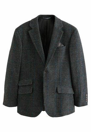 Wollmischung Blazer in Dunkelgrau mit einem Karo-Muster in Blau und Grün, ausgestattet mit zwei vorderen Taschen, Reverskragen und Knopfdetails.