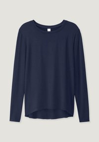 Langärmliges, marineblaues Shirt aus weicher Baumwolle, mit Rundhalsausschnitt, lockerer Passform und leichtem High-Low-Saum für zusätzliche Details.