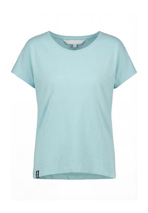 Hellblaues T-Shirt mit kurzen Ärmeln und Rundhalsausschnitt in Größe Small mit einem kleinen schwarzen Markenschild nahe dem unteren Saum auf der linken Seite.