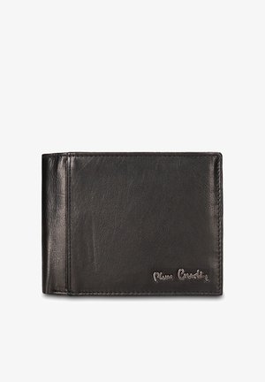 Zwarte leren portemonnee met een gladde textuur, bi-fold ontwerp en gestikte randen. Voorzien van een subtiel logo geperst aan de onderkant van de voorkant.