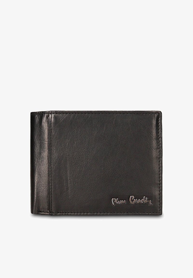 Portafoglio nero in pelle con texture liscia, design a doppia piega e bordi cuciti. Presenta un logo discreto inciso sul lato anteriore inferiore.