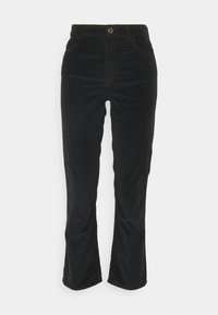 Μαύρο παντελόνι καμπάνα κατά μήκος της ευθείας, με μπροστινές τσέπες και ένα χρυσό κουμπί στη μέση. Υφή υφάσματος με διακριτική αίσθηση.