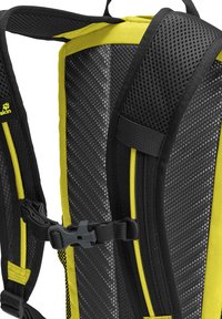 Schwarzer und gelber Rucksack mit einem Netzrücken, verstellbaren Riemen und einer robusten Schnalle. Enthält ein strukturiertes Material für Atmungsaktivität.