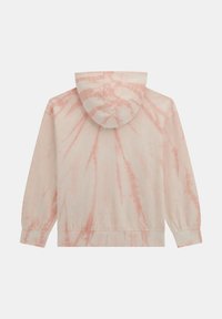 Hoodie tie-dye rose clair avec capuche à cordon, manches longues et poignets côtelés. Tissu doux avec une texture lisse et un détail de motif circulaire.