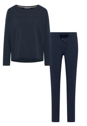 Dunkel marineblaues Langarmshirt mit Rundhalsausschnitt und passenden schmal geschnittenen Hosen mit Kordelzug in der Taille.