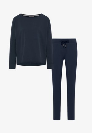 Dunkel marineblaues Langarmshirt mit Rundhalsausschnitt und passenden schmal geschnittenen Hosen mit Kordelzug in der Taille.