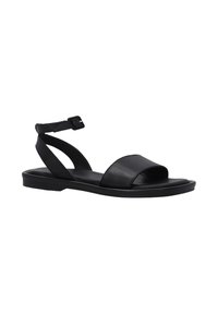 Zwarte leren sandalen met een brede band aan de voorkant en een verstelbare enkelband. Platte zool met een minimalistisch ontwerp en een gladde textuur.