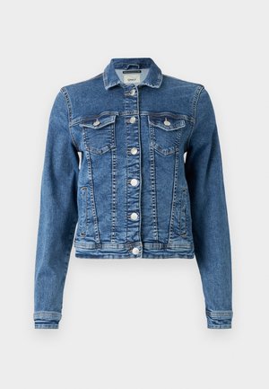 Denim jacket in medium blue with a classic design, five buttons, two chest pockets, and long sleeves. Features a slightly distressed texture.